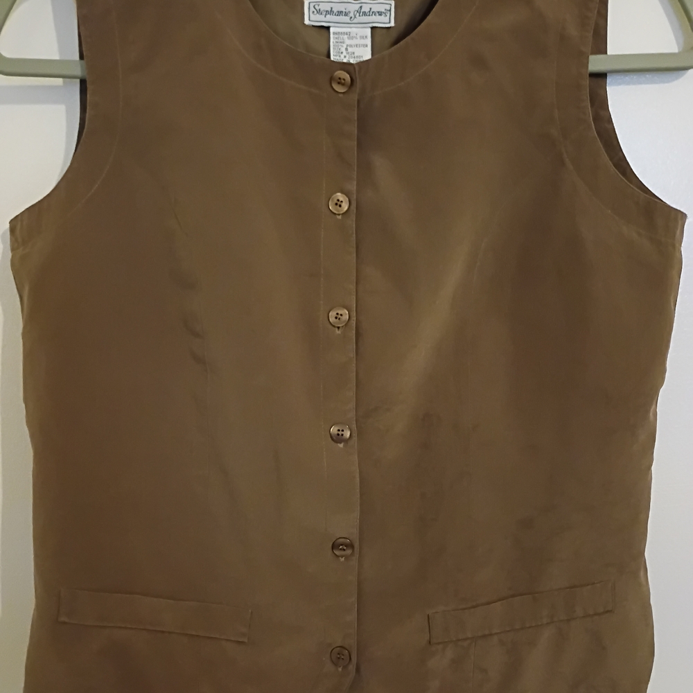 Stephanie Andrews‎ Elegant Brown Sleeveless Vest 100% Silk Sz S